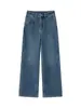 [Terciopelo para Bebé] Otoño e Invierno Caliente Terciopelo Elástico Jeans de Pierna Ancha Azul Retro Claro Versión Estrecha con Bolsillos de Solapa a Contraste Pantalones Largos hasta el Suelo