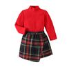 Ins Comércio Exterior Outono e Inverno Conjunto Infantil Gola Alta Listrada Saia Xadrez Natal Ano Novo Conjunto de Duas Peças