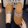 Pantuflas Yaca para hombre y mujer verano casa interior pantuflas de lino domésticas de suela gruesa para piso de madera antideslizantes para pareja frescas tejido de ratán