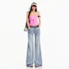 Jeans Lavados Azules Claros Estilo Americano de Tiro Bajo Acampanados para Mujer, Nuevos Pantalones Elásticos Ajustados Bootcut Pierna Ancha Retro