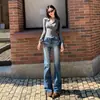 Jeans Azules de Campana Estilo Retro Americano para Mujer, Nuevo Estilo Otoño e Invierno 2025, Pantalones Elásticos de Cintura Alta Adelgazantes, Caídos, de Longitud Completa