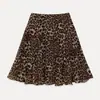 Saia Midi Egka com Estampa de Leopardo na Cor Café para Mulheres, Elegante de Cintura Alta para Primavera e Verão, Linha A Slimming Casual com Babados