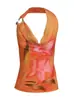 Moda Femenina Transfronteriza 2026 Top de Malla con Hebilla Metálica y Atado con Estampado, Sin Mangas, Escote Caído, Cuello Halter, Espalda Descubierta, Corte Ajustado