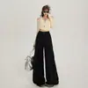 Calça pantalona larga de cintura alta estilo retrô americano com cós elástico e cordão, calça casual versátil para mulheres, coleção outono e inverno, e calça comprida