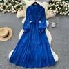 Vestido Camisa de Lujo Ligero Estilo Francés Cuello Polo Mangas de Farol para Mujer Verano Cintura de Tiras Super Hada y Hermoso Elegante Falda Larga