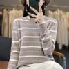 Suéter de manga comprida listrado feminino com gola redonda outono e inverno novo suéter de malha europeu e americano INS estação independente camisa base feminina transfronteiriça