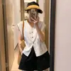 Camisa Amarela Sem Manga com Gola Feminina Verão Novo Estilo Coreano Moda Casual Versátil Top Manga Curta Feminino Gola V Fina