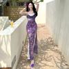 Vestido estilo francês leve e maduro, roxo, estilo sling, feminino, verão, cintura justa, emagrecimento, quadril, rabo de peixe, vestido de renda para férias