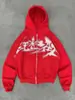 Cárdigan con capucha de estilo americano con estampado de graffiti de color oscuro degradado y púas, con un patrón pixelado roto, sudadera con capucha de corte holgado con cremallera