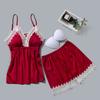 Pijama acolchado de cinta de seda sintética para mujer, conjunto sexy de dos piezas con shorts de tirantes, ropa de casa elástica con encaje bordado