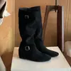 Botas de Moda para Mujer 2026 Otoño/Invierno Nuevo Estilo con Plataforma Interior, Arrugadas, Apiladas, Adelgazantes, con Hebilla de Cuero Retro, Estilo Western, de Media Caña