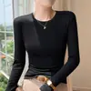 Camiseta Base de Algodón Puro para Mujer, Nueva Camiseta de Manga Larga con Cuello Redondo Otoño 2025, Top Versátil de Color Sólido Ajustado
