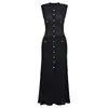 Vestido Tricô Longo de Verão Francês Transfronteiriço de Alta Qualidade, Vazado, Sem Mangas, Com Fenda, Ajustado na Cintura