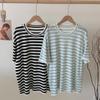 Verano Nuevo Fresco Suave Cómodo Suelto Combinable Seda de Morera ~ Tencel Suéter de Punto de Manga Corta con Cuello Redondo a Rayas para Mujer T