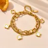 Pulseira de aço banhado a titânio a vácuo, dupla camada, trevo de quatro folhas, madrepérola, oca, luxo leve, alta qualidade, combina com tudo, acessórios de mão, não desbota, feminino