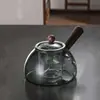 Tetera de vidrio para hervir estilo japonés, cocina integrada, resistente a altas temperaturas, olla gruesa de madera maciza con asa lateral, especial para estufa eléctrica de cerámica