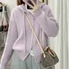 Suéter com capuz e cordão de cor sólida, estilo coreano, outono e inverno, novo, simples, feminino, estilo preguiçoso, macio, tipo glutinoso, casaco cardigã de tricô com zíper