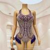 Body Brilhante Roxo Prateado com Franjas e Strass Festa de Aniversário Celebrar Collant Sem Mangas Fantasia Sexy