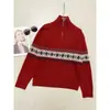 Suéter de lana pura, nuevo estilo vintage Fair Isle de otoño e invierno, de cuello alto, con media cremallera, suéter de punto jacquard a rayas para mujer