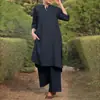 Comércio Exterior Transfronteiriço Aliexpress Primavera/Verão 2026 Moda Esportiva Feminina Plus Size Algodão Linho Decote V Manga 3/4 Calça Wide Leg Conjunto de 2 Peças