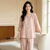 Ropa de Casa para Mujer 100% Algodón Tejido de Color 2026 Primavera/Otoño Nuevo Estilo Cuello Redondo Manga Larga Pantalón Largo Holgado Cómodo Transpirable Pijama
