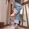 Jeans Cortos Azul Claro con Ribete de Encaje para Mujer 2025 Primavera Nuevo Diseño de Cintura Alta para Figura de Pera Pantalones Rectos