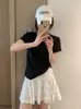 Ying+ Treze Linhas Cor Sólida Simples Manga Rebatível Floco de Neve Algodão Camiseta Gola Redonda Emagrecedora Versátil Manga Curta M36-445 Versão Lisa