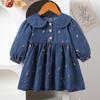 Vestido de Mezclilla Bordado de Fresas para Niña Primavera y Otoño 2025 Nuevo Elegante Vestido de Princesa con Cuello de Muñeca para Niña