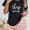 Shorts Pretos Curtos de Manga Curta Europeus e Americanos Transfronteiriços para Mulheres, Pijama Respirável Exportado de Tamanho Grande com Gola Redonda para Mulheres, Roupa Casual para Casa
