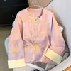 Jaqueta Feminina Song Jin Estilo Chinês Novo Estilo Nacional Primavera Vintage Botão Jacquard Cetim Top Cardigã de Seda de Amora