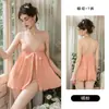 Chiffon Transparente Rosa Renda Borboleta Gravata Fenda Frontal Sexy Camisola Vestido de Noite Roupão Conjunto para Casa 7349