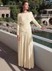 Roupas Femininas Francesas Mais Vendidas Outono 2025 Nova Moda Vestido Longo de Manga Comprida com Gola One-Line Cintura Plissada Comércio Exterior Atacado