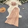 Conjunto de Dos Piezas de Top sin Mangas con Cuello Halter Estilo Vacaciones Francesas para Mujer Verano Sin Tirantes Falda Midi de Cintura Alta Adelgazante Elegante Moderno