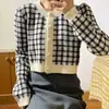Cárdigan de punto corto de manga larga a cuadros con cuello redondo para mujer, nuevo abrigo corto de otoño estilo coreano, suéter a cuadros
