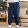 Pantalones de lino sintético vintage azul marino para hombre, estilo chino, transpirables, de corte holgado tipo harén, pantalones deportivos de verano simples y versátiles