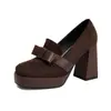 Novos Sapatos Femininos de Camurça 2026 com Laço, Salto Plataforma Grosso, Tamanho Grande, Slip-On, Moda Feminina, Salto Alto