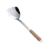 Conjunto de Espátula e Concha de Sopa de Aço Inoxidável, Utensílios de Cozinha Espessados Anti-Queimadura, Colheres Atacado com Cabo de Madeira para Cozinha Doméstica