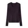 Lavável à Máquina 60s Malha Fina Sem Costura 100% Lã Gola U Manga Longa Blusa Tricô para Mulheres 26 Outono Emagrecedor Camada Base