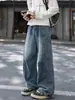 Jeans desconstruído estilo americano, com lavagem, corte curvo, para homens, calças casuais retas com vibe de verão, calças largas da moda