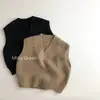 Mais um item quente! Suéter colete infantil gola V estilo coreano retrô, cor sólida, top de malha estiloso, camada interna moderna e quente