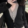 Suéter Chique de Patchwork Falso de Duas Peças Estilo Coreano para Mulheres, Curto para Primavera e Outono, Design Slim-Fit Top Camisa Básica Tricotada