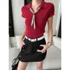 Cisnann Otoño Nuevo Estilo Sofisticado Cinta de Bufanda de Seda Cuello Polo Adelgazante Manga Corta Camisa de Punto SN9165