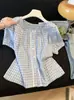 Camisa a Cuadros Retro de Manga Corta para Mujer Verano 2026 Nuevo Diseño de Blusa con Parches de Encaje Top con Cordones