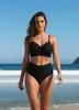 Traje de baño bikini de dos piezas para mujer, de rayas texturizadas, cintura alta, nudo retorcido, hueco, push-up con tiras, que oculta el abdomen, adelgazante, talla grande