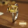 Anel de Citrino Natural Elegante S925 Artesanato Fino Anel Aberto Retangular Joia para Mulheres Pedra Principal 8*10 Anel
