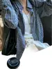 Camisa de cuadros azul retro de manga larga para mujer, top casual holgado para principios de otoño, chaqueta de cuadros casual, camisa exterior holgada