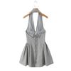 2025 Primavera y Verano Nuevo Estilo Elegante Empalmado Halter Vestido para Mujer Cuello en V Profundo Vestido Plisado Vestido de Falda Corta