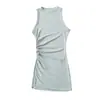 Chaleco informal de punto de longitud media con abertura lateral y plisados para mujer, top versátil de verano sin mangas elástico con cuello redondo irregular