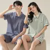 Pijama Explosão Casal Feminino Verão Algodão Puro Manga Curta Shorts Casual Alto Cor Sólida Roupa de Casa Masculina conjunto