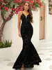 Vestido longo preto de lantejoulas com decote em V profundo nas costas, estilo sereia, para festas noturnas, comércio exterior transfronteiriço
